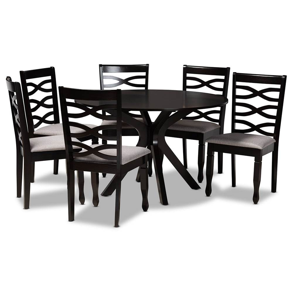 Mila Modern and Contemporary Grey Fabric Upholstered and Dark Brown Finished Wood 7-Piece Dining Set