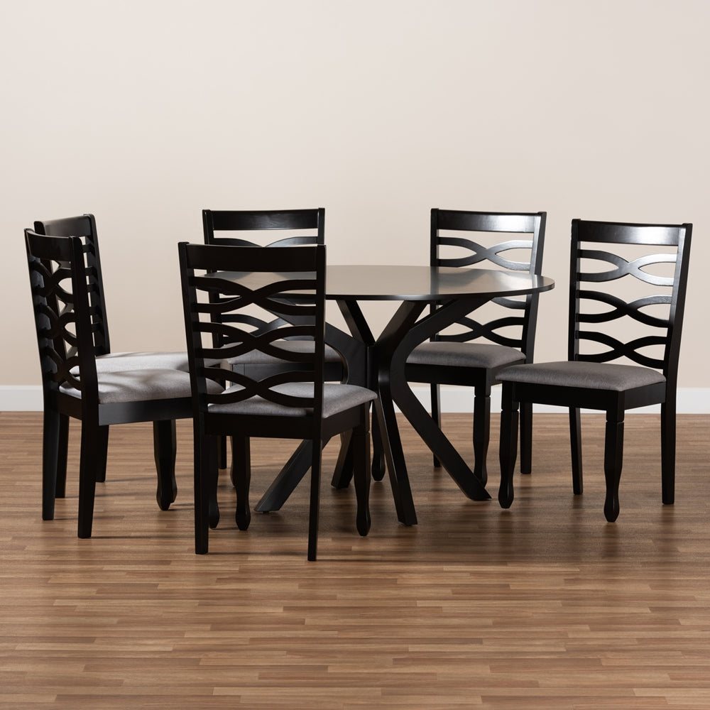 Mila Modern and Contemporary Grey Fabric Upholstered and Dark Brown Finished Wood 7-Piece Dining Set