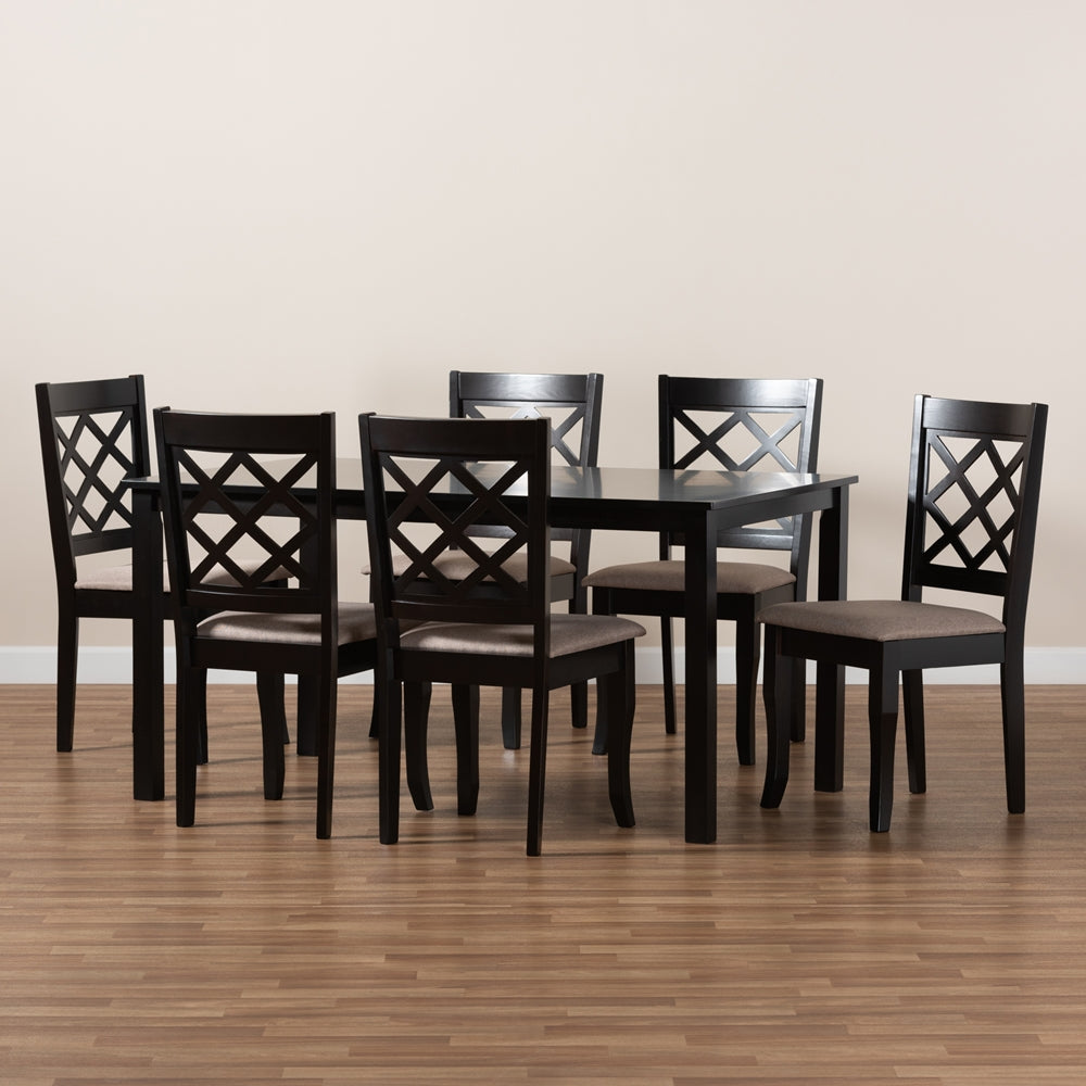 Verner Modern and Contemporary Sand Fabric Upholstered Dark Brown Finished 7-Piece Wood Dining Set