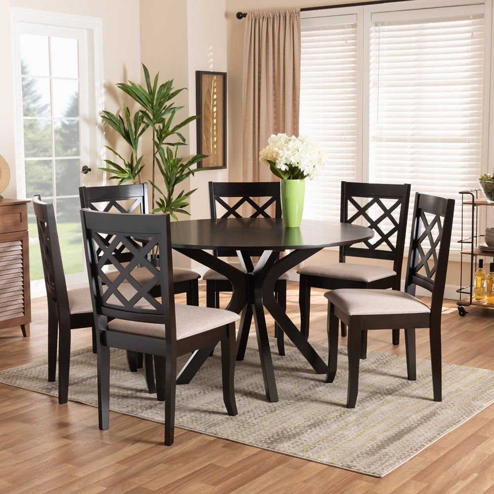 Jana Modern and Contemporary Sand Fabric Upholstered and Dark Brown Finished Wood 7-Piece Dining Set