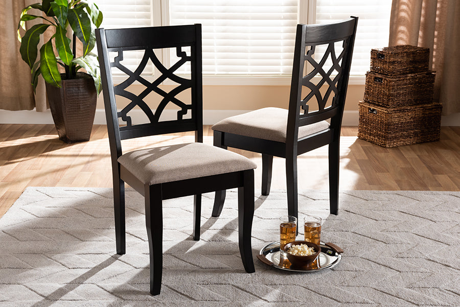 Mael Modern and Contemporary Sand Fabric Upholstered and Espresso Brown Finished Wood 2-Piece Dining Chair Set