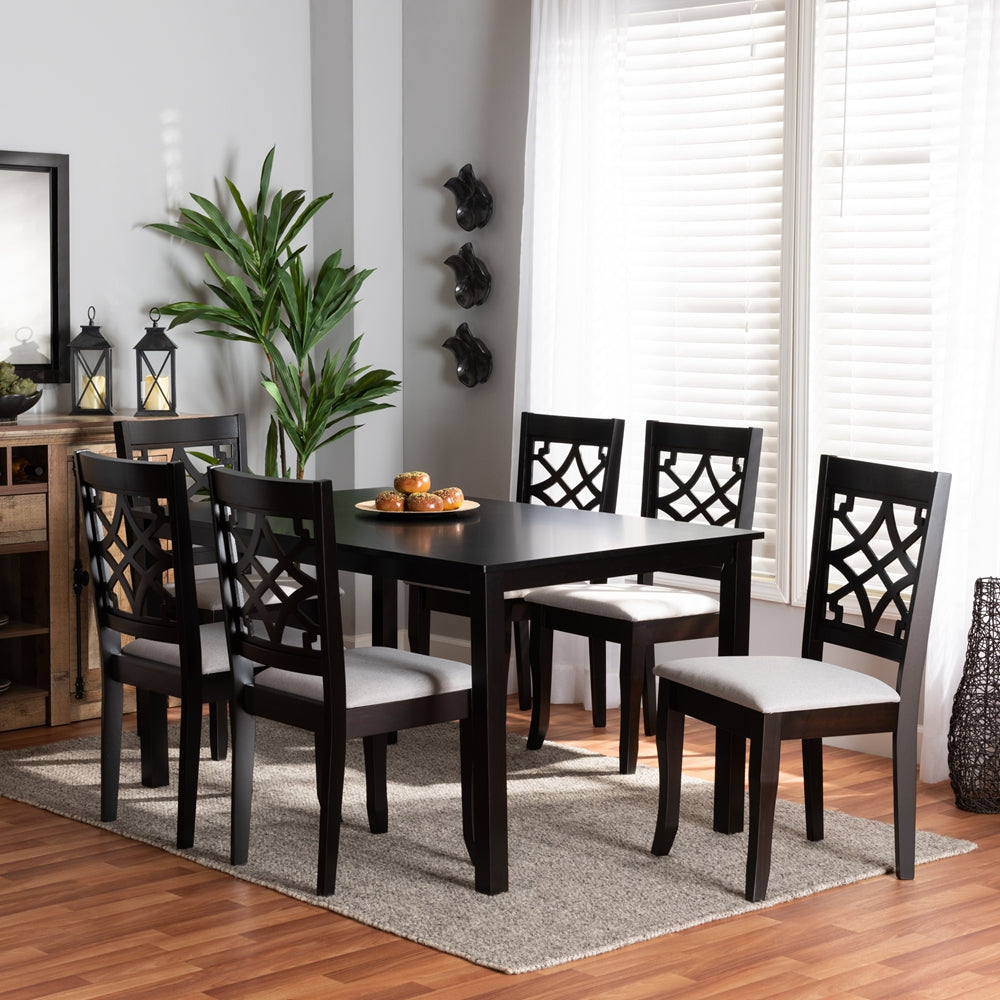 Mael Modern and Contemporary Grey Fabric Upholstered and Dark Brown Finished Wood 7-Piece Dining Set