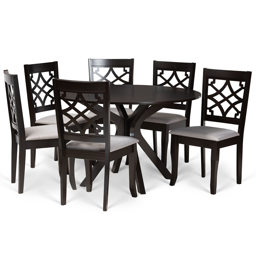 Elena Modern and Contemporary Grey Fabric Upholstered and Dark Brown Finished Wood 7-Piece Dining Set
