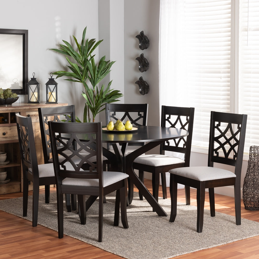 Elena Modern and Contemporary Grey Fabric Upholstered and Dark Brown Finished Wood 7-Piece Dining Set