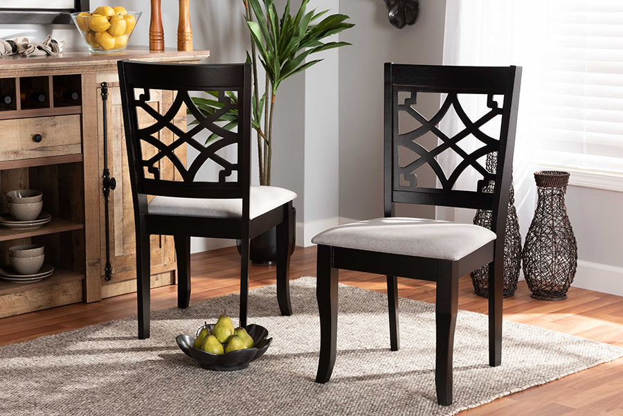 Mael Modern and Contemporary Grey Fabric Upholstered and Dark Brown Finished Wood 2-Piece Dining Chair Set