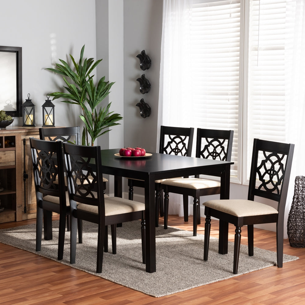 Renaud Modern and Contemporary Sand Fabric Upholstered and Dark Brown Finished Wood 7-Piece Dining Set