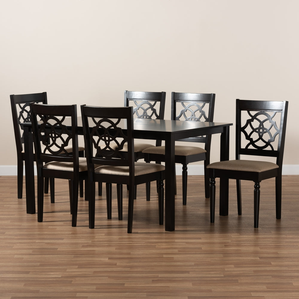 Renaud Modern and Contemporary Sand Fabric Upholstered and Dark Brown Finished Wood 7-Piece Dining Set