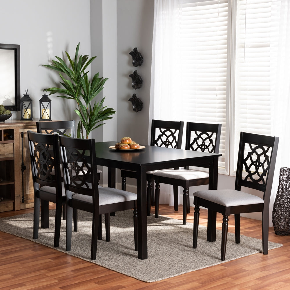 Renaud Modern and Contemporary Grey Fabric Upholstered and Dark Brown Finished Wood 7-Piece Dining Set