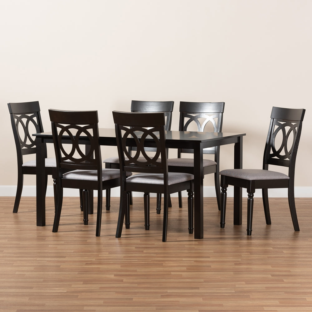 Lucie Modern and Contemporary Grey Fabric Upholstered and Dark Brown Finished Wood 7-Piece Dining Set