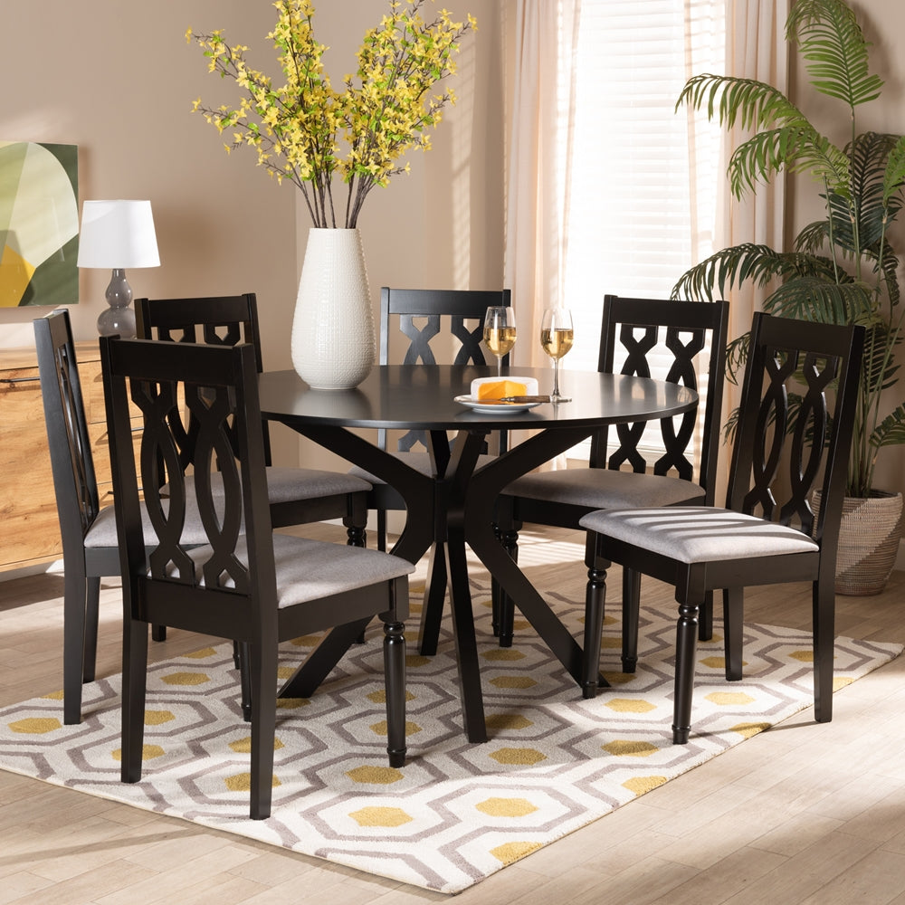 Callie Modern and Contemporary Grey Fabric Upholstered and Dark Brown Finished Wood 7-Piece Dining Set