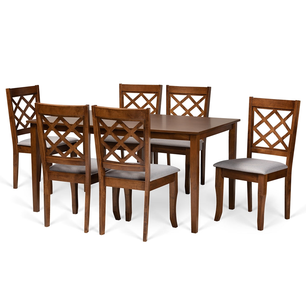 Verner Modern and Contemporary Grey Fabric Upholstered and Walnut Brown Finished Wood 7-Piece Dining Set