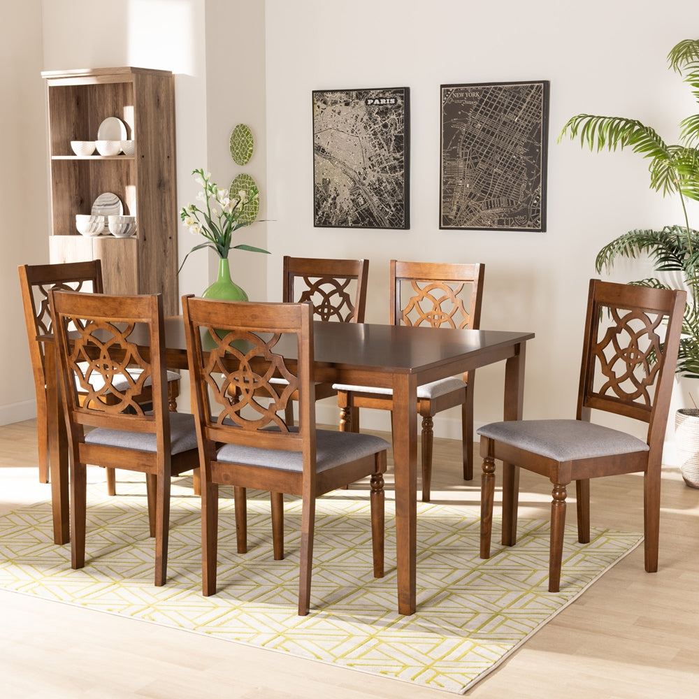 Renaud Modern and Contemporary Grey Fabric Upholstered and Walnut Brown Finished Wood 7-Piece Dining Set
