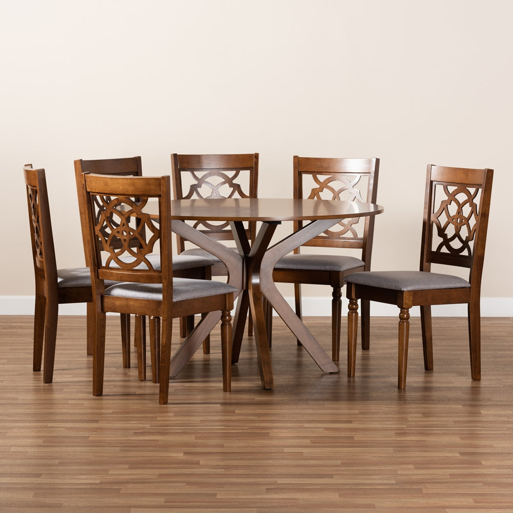 Sadie Modern and Contemporary Grey Fabric Upholstered and Walnut Brown Finished Wood 7-Piece Dining Set