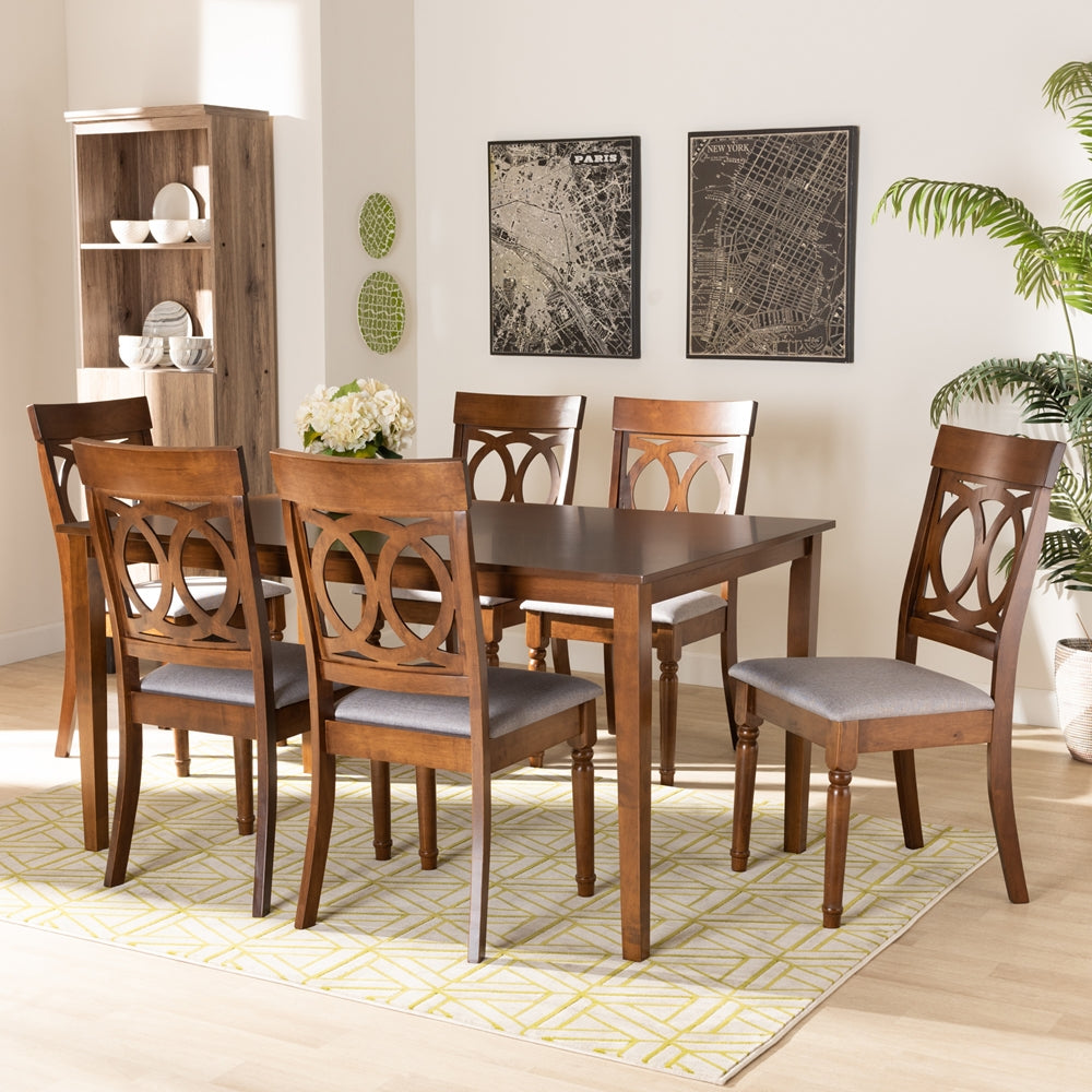Lucie Modern and Contemporary Grey Fabric Upholstered and Walnut Brown Finished Wood 7-Piece Dining Set