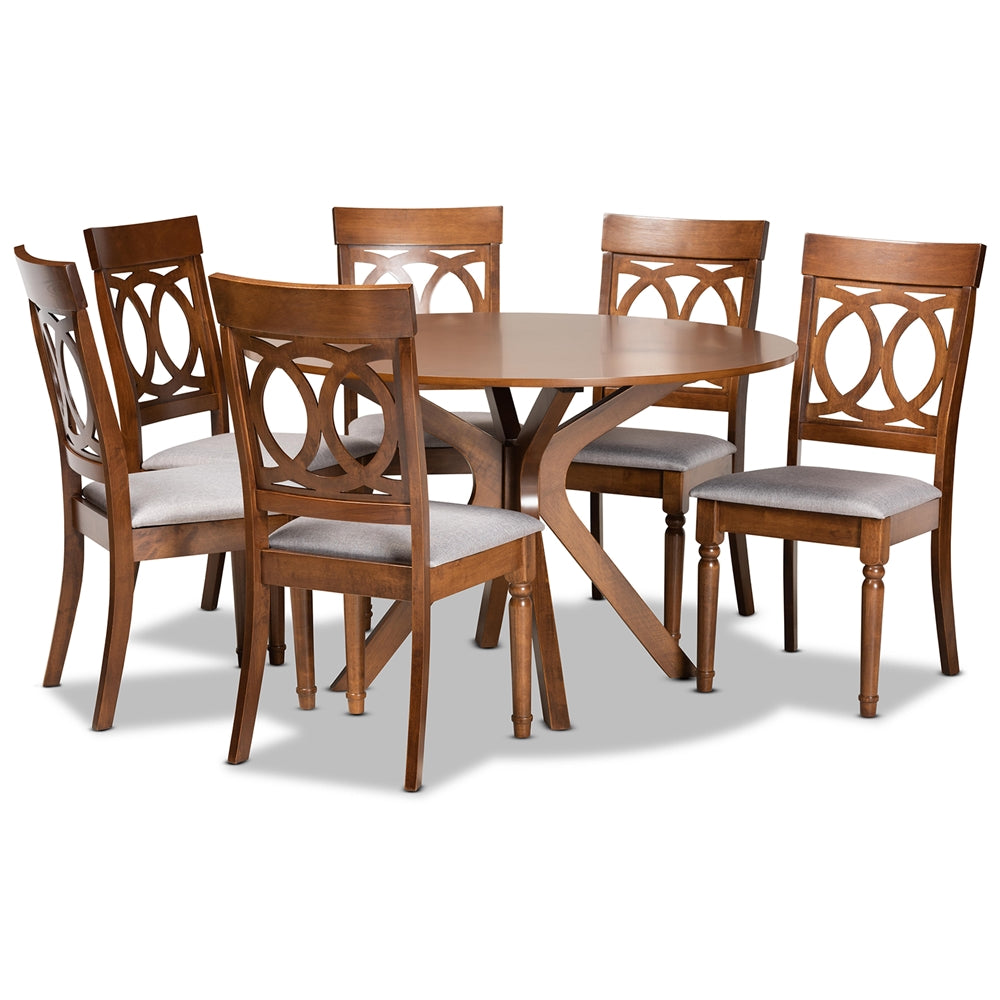 Jessie Modern and Contemporary Grey Fabric Upholstered and Walnut Brown Finished Wood 7-Piece Dining Set