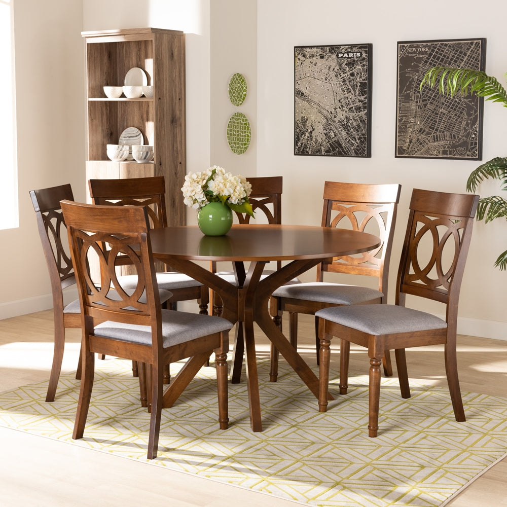 Jessie Modern and Contemporary Grey Fabric Upholstered and Walnut Brown Finished Wood 7-Piece Dining Set