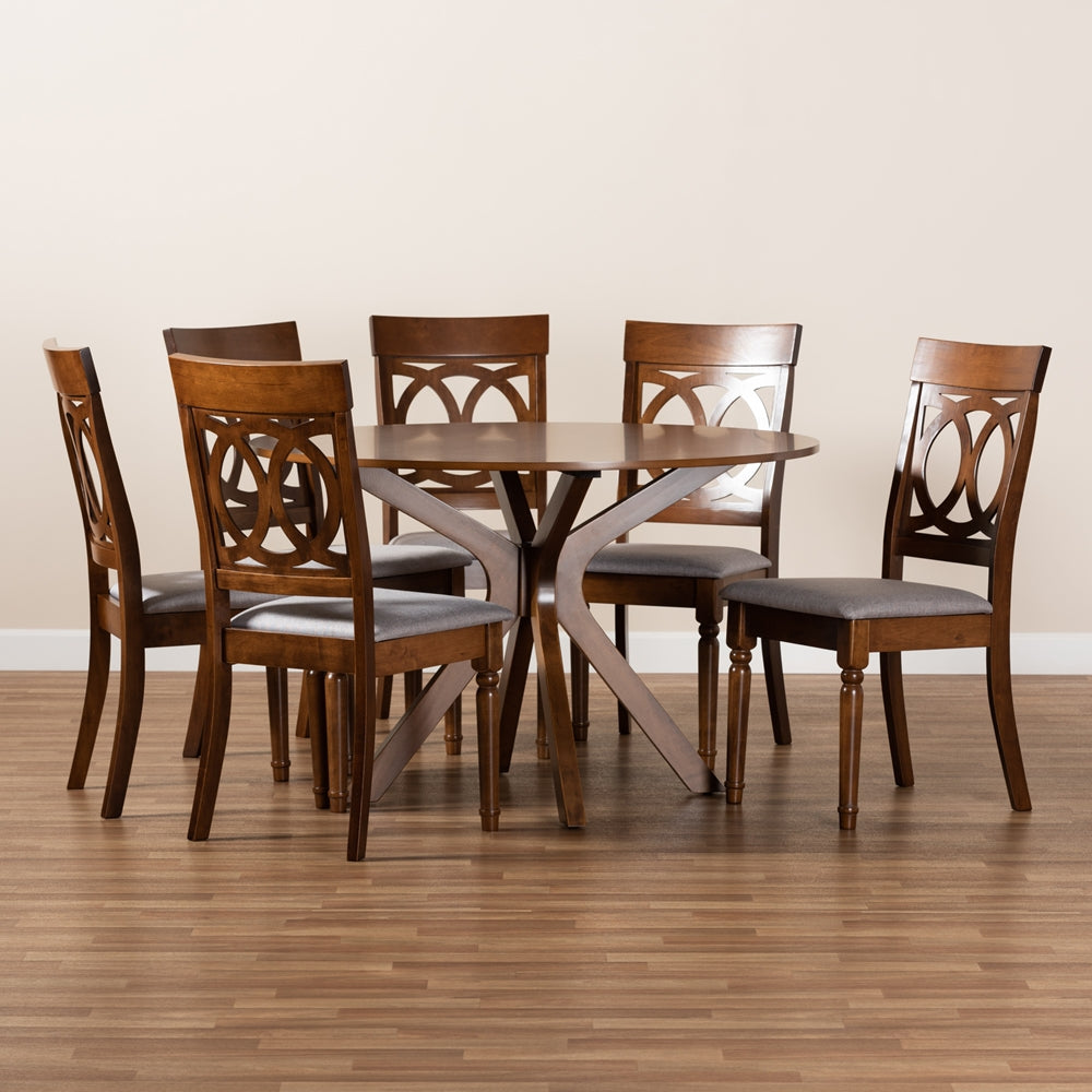 Jessie Modern and Contemporary Grey Fabric Upholstered and Walnut Brown Finished Wood 7-Piece Dining Set