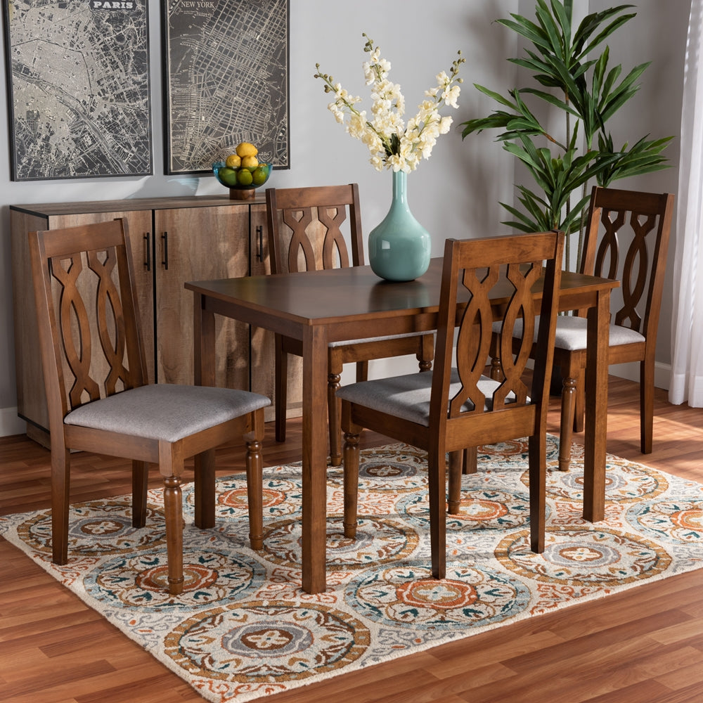 Cherese Modern and Contemporary Grey Fabric Upholstered and Walnut Brown Finished 5-Piece Wood Dining Set