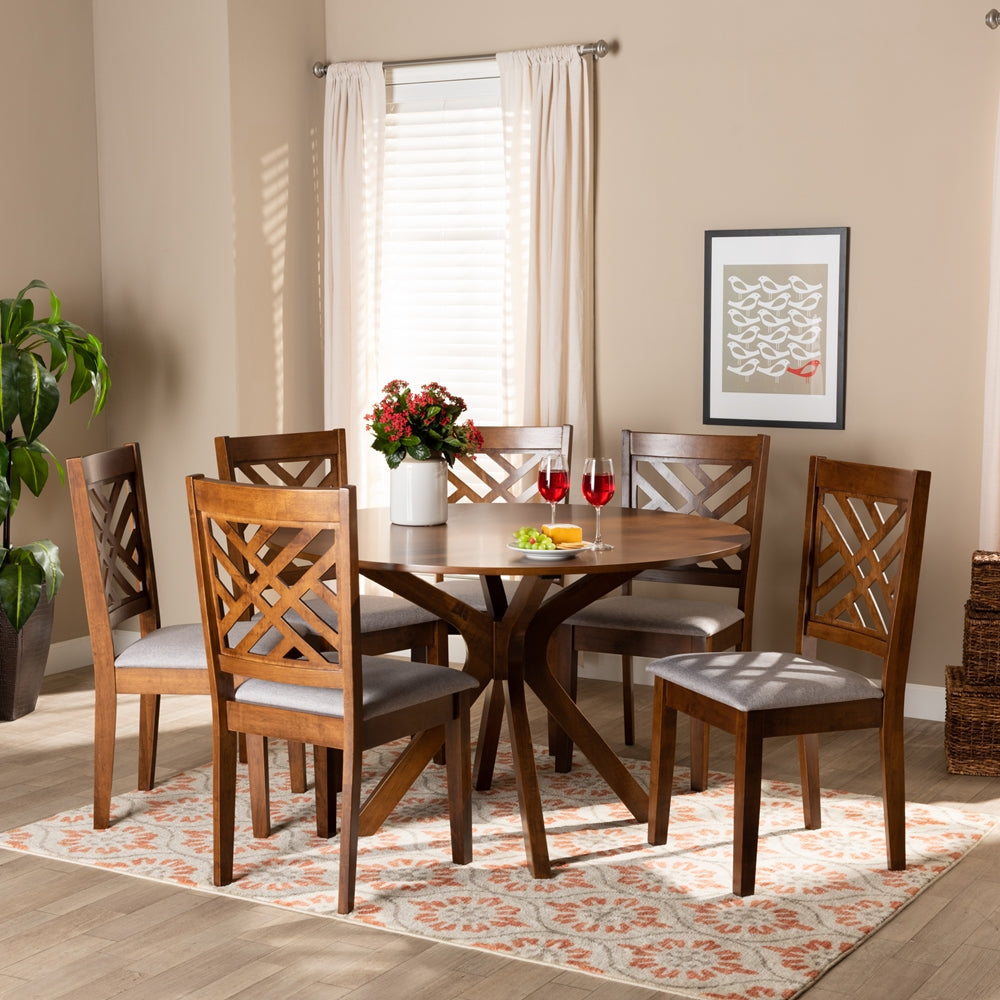 Norah Modern and Contemporary Grey Fabric Upholstered and Walnut Brown Finished Wood 7-Piece Dining Set