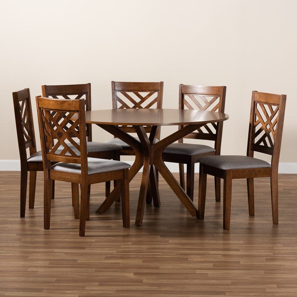 Norah Modern and Contemporary Grey Fabric Upholstered and Walnut Brown Finished Wood 7-Piece Dining Set