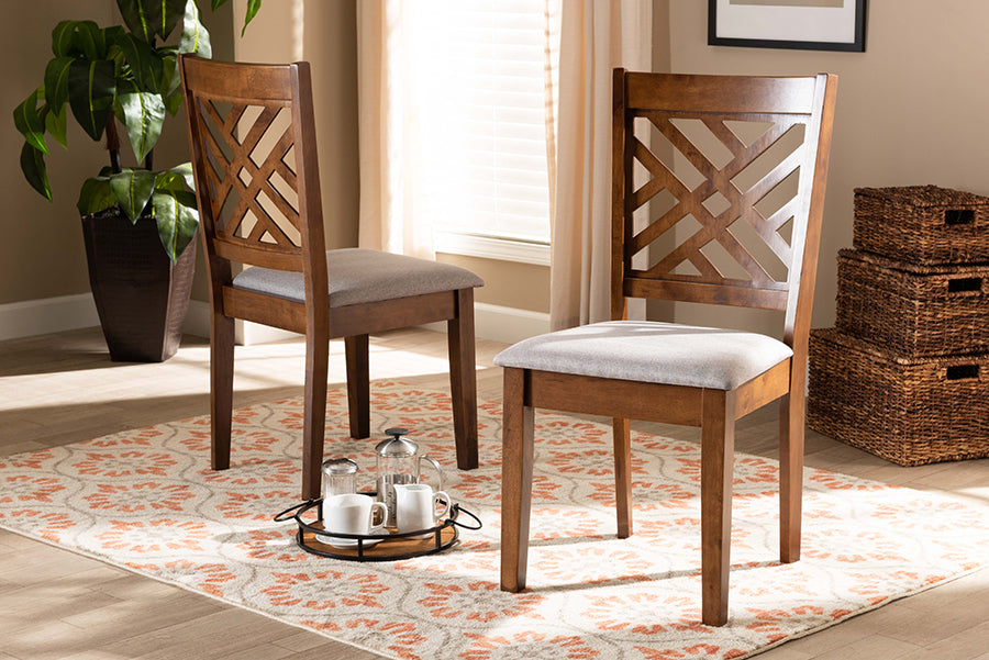 Caron Modern and Contemporary Grey Fabric Upholstered and Walnut Brown Finished Wood 2-Piece Dining Chair Set