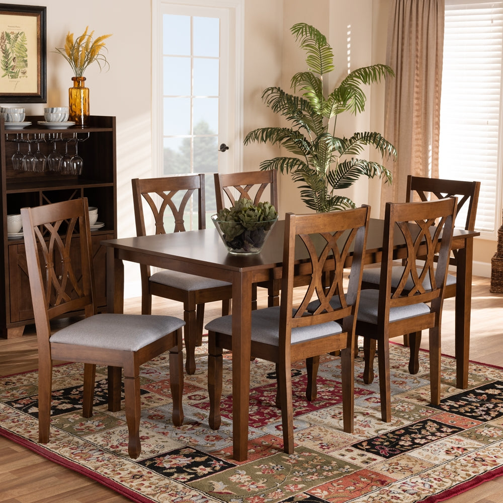 Augustine Modern and Contemporary Grey Fabric Upholstered and Walnut Brown Finished Wood 7-Piece Dining Set