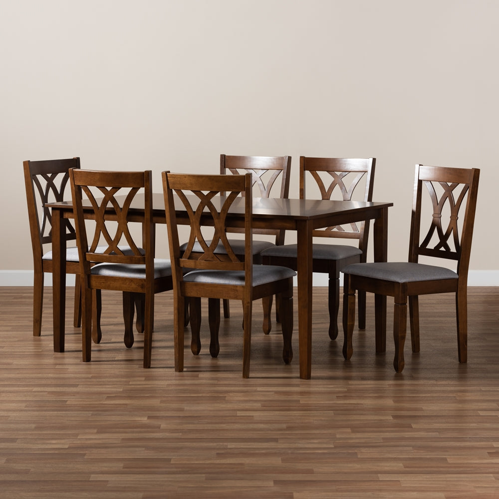 Augustine Modern and Contemporary Grey Fabric Upholstered and Walnut Brown Finished Wood 7-Piece Dining Set