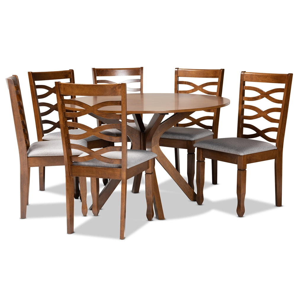 Mila Modern and Contemporary Grey Fabric Upholstered and Walnut Brown Finished Wood 7-Piece Dining Set