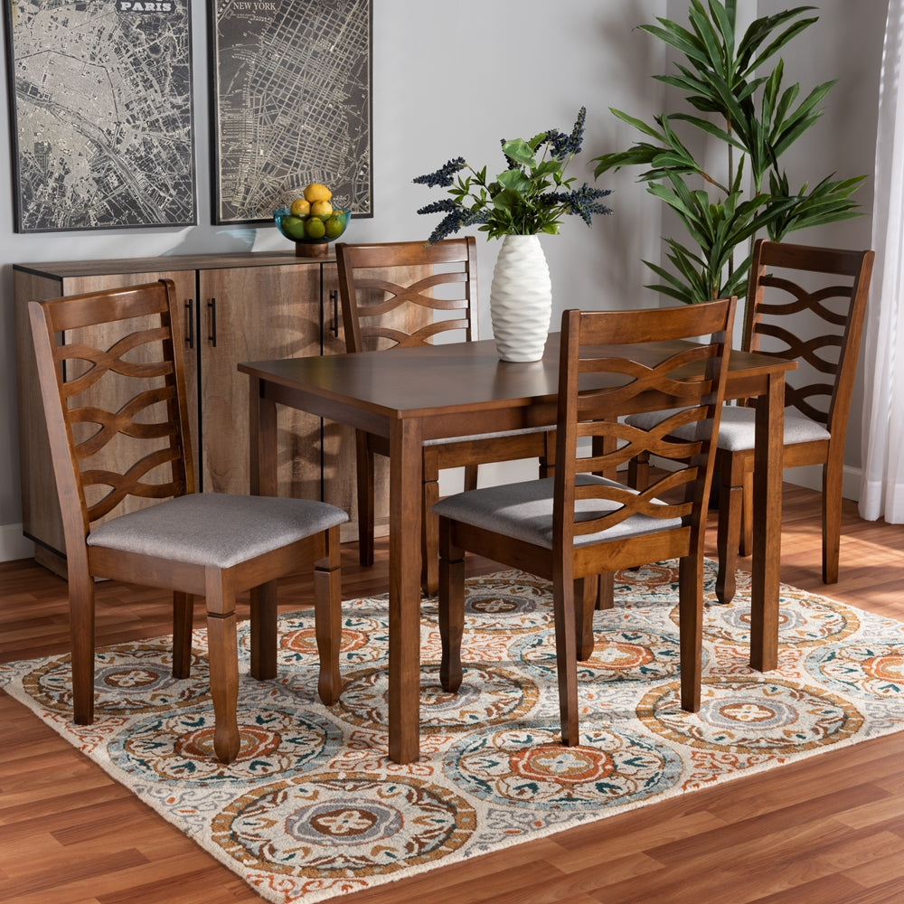 Lanier Modern and Contemporary Grey Fabric Upholstered and Walnut Brown Finished Wood 5-Piece Dining Set