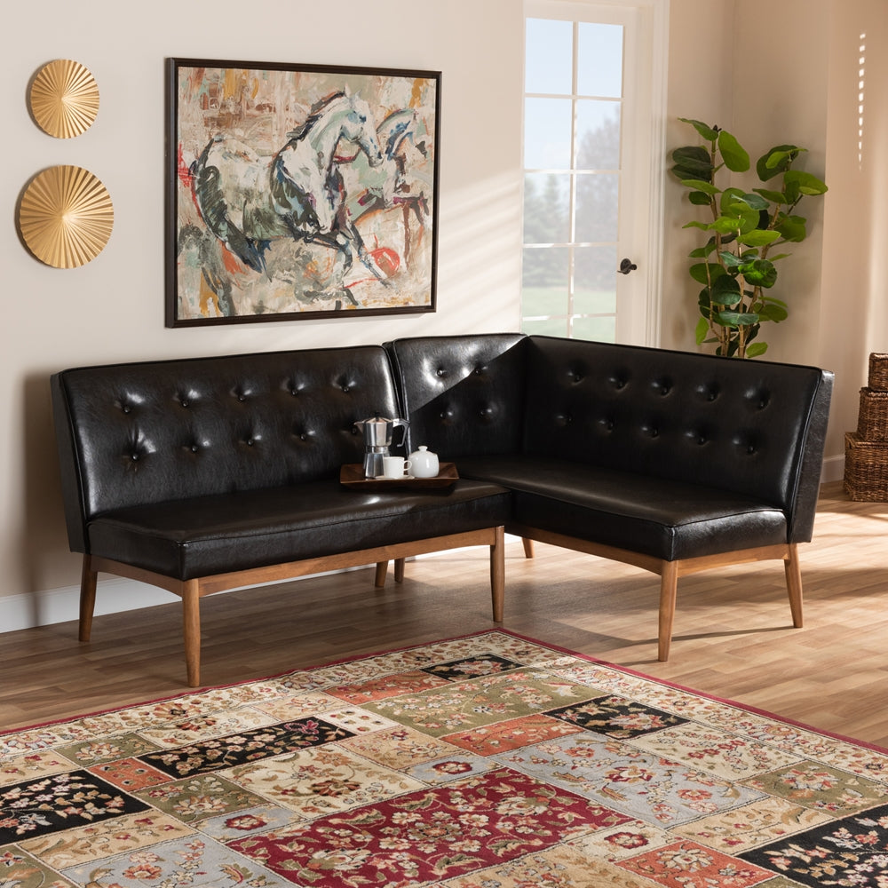 Arvid Mid-Century Modern Dark Brown Faux Leather Upholstered 2-Piece Wood Dining Nook Banquette Set