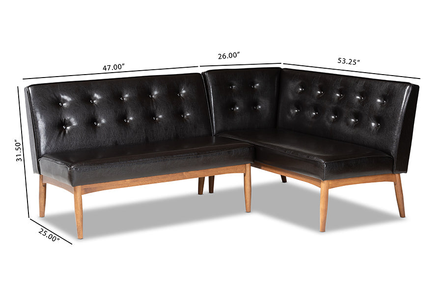 Arvid Mid-Century Modern Dark Brown Faux Leather Upholstered 2-Piece Wood Dining Nook Banquette Set