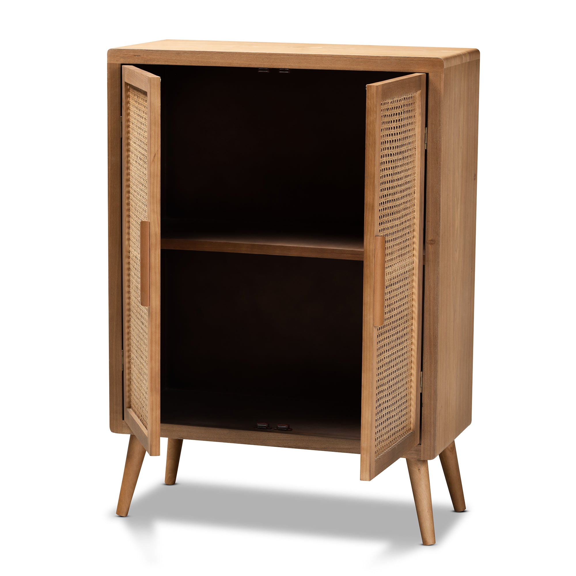 Alina Mid-Century Modern Medium Oak Finished Wood and Rattan 2-Door Accent Storage Cabinet