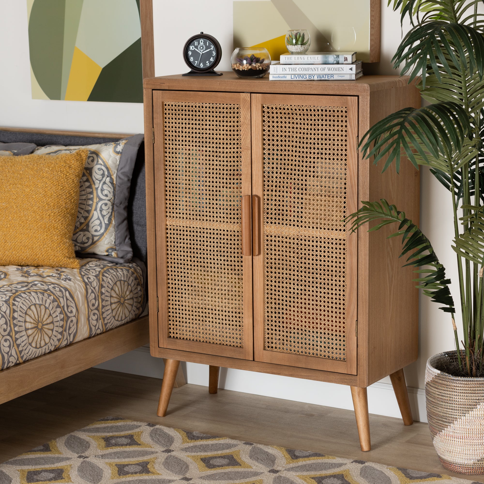 Alina Mid-Century Modern Medium Oak Finished Wood and Rattan 2-Door Accent Storage Cabinet