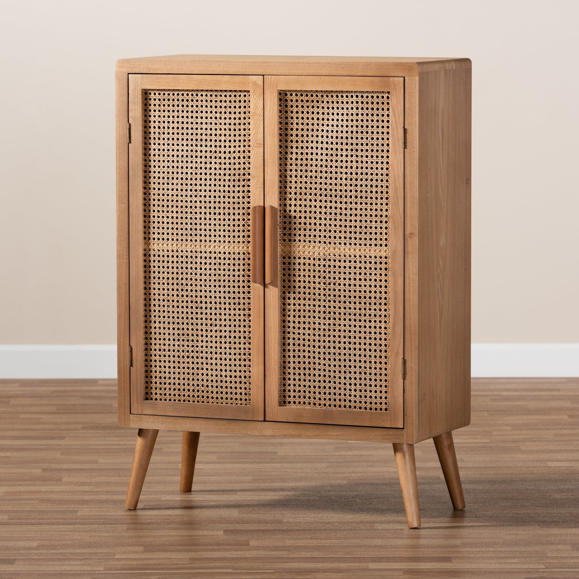 Alina Mid-Century Modern Medium Oak Finished Wood and Rattan 2-Door Accent Storage Cabinet