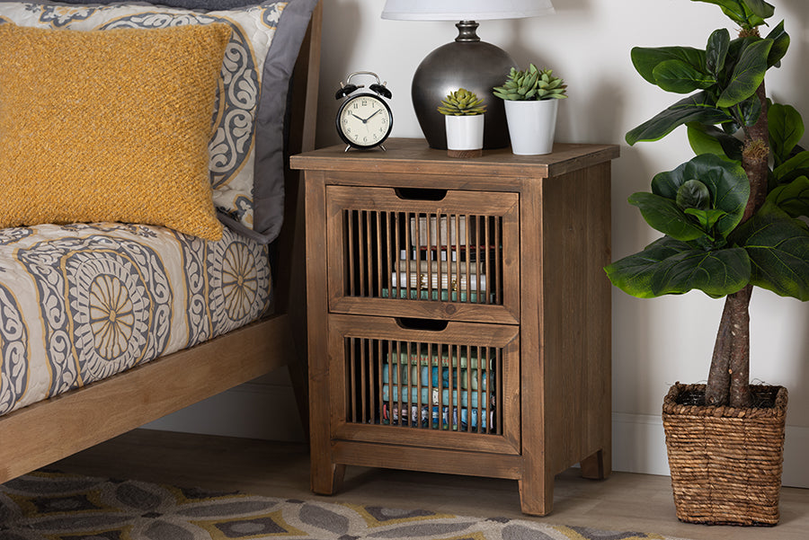 Clement Rustic Transitional Medium Oak Finished 2-Drawer Wood Spindle End Table