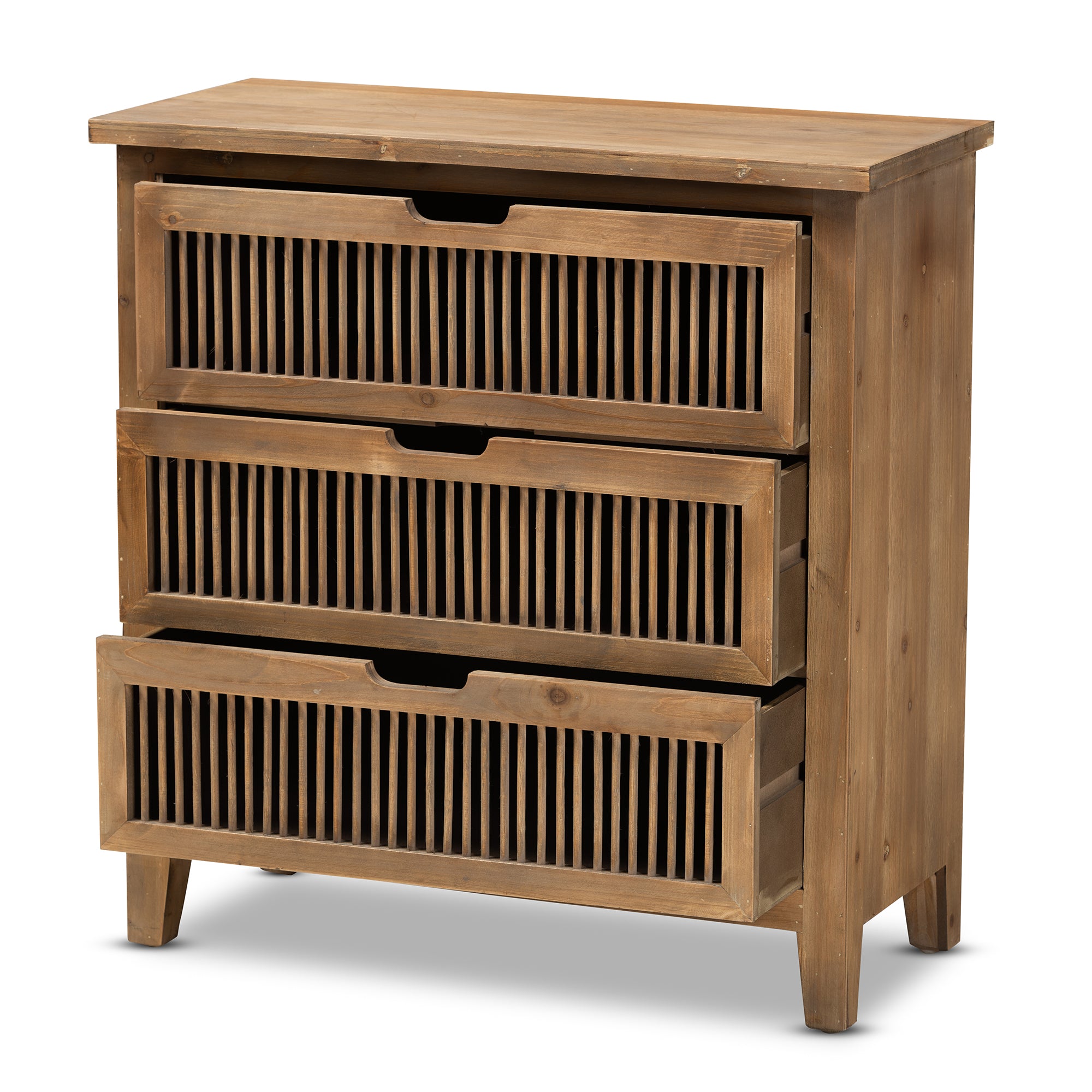Clement Rustic Transitional Medium Oak Finished 3-Drawer Wood Spindle Storage Cabinet