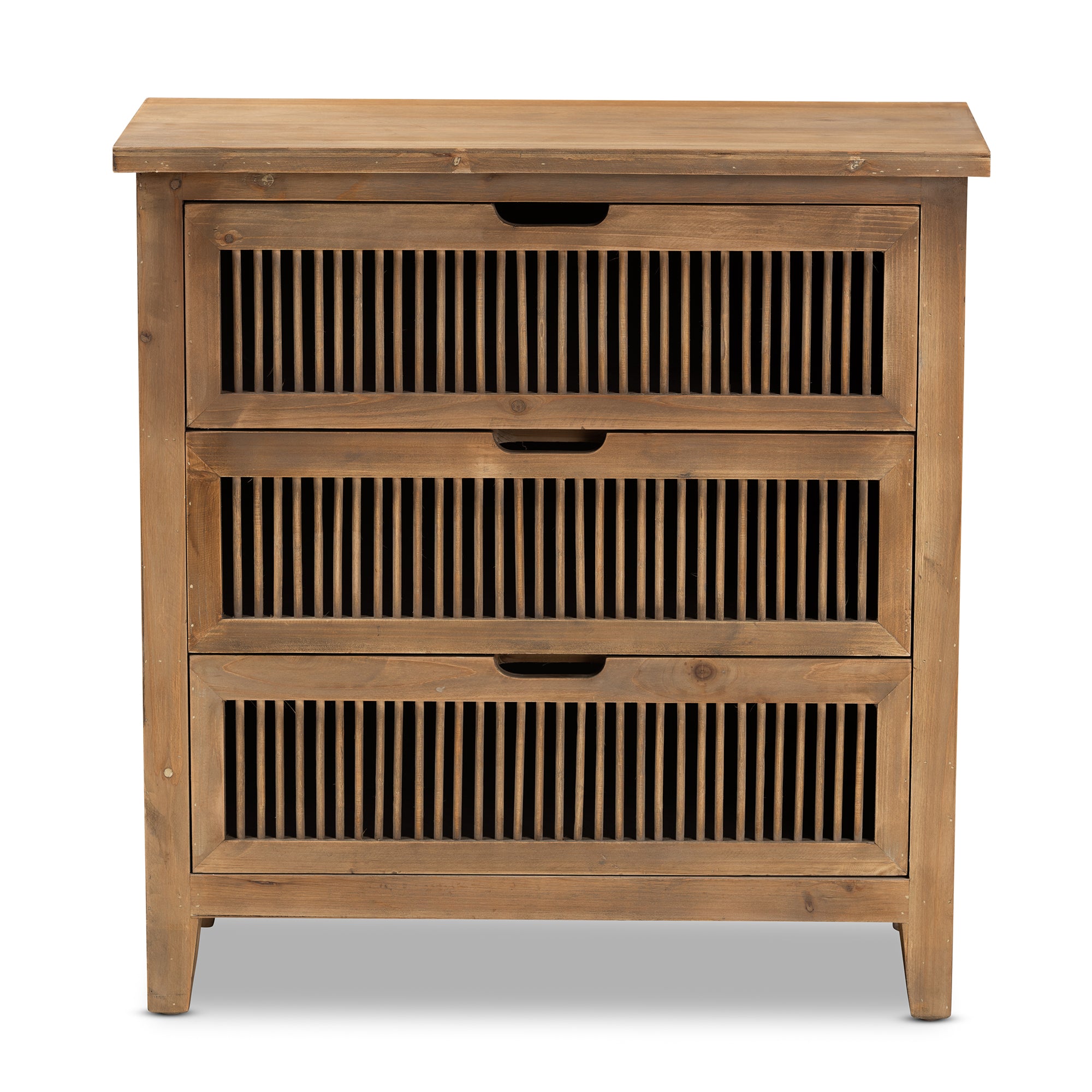 Clement Rustic Transitional Medium Oak Finished 3-Drawer Wood Spindle Storage Cabinet
