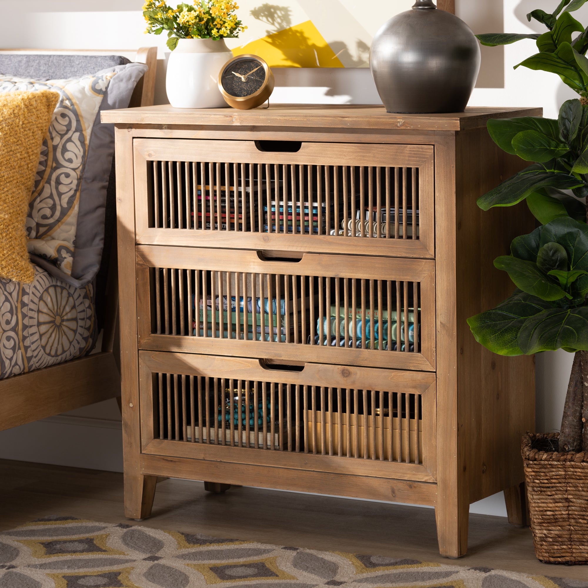 Clement Rustic Transitional Medium Oak Finished 3-Drawer Wood Spindle Storage Cabinet