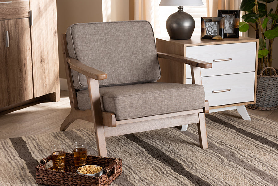 Sigrid Mid-Century Modern Light Grey Fabric Upholstered Antique Oak Finished Wood Armchair