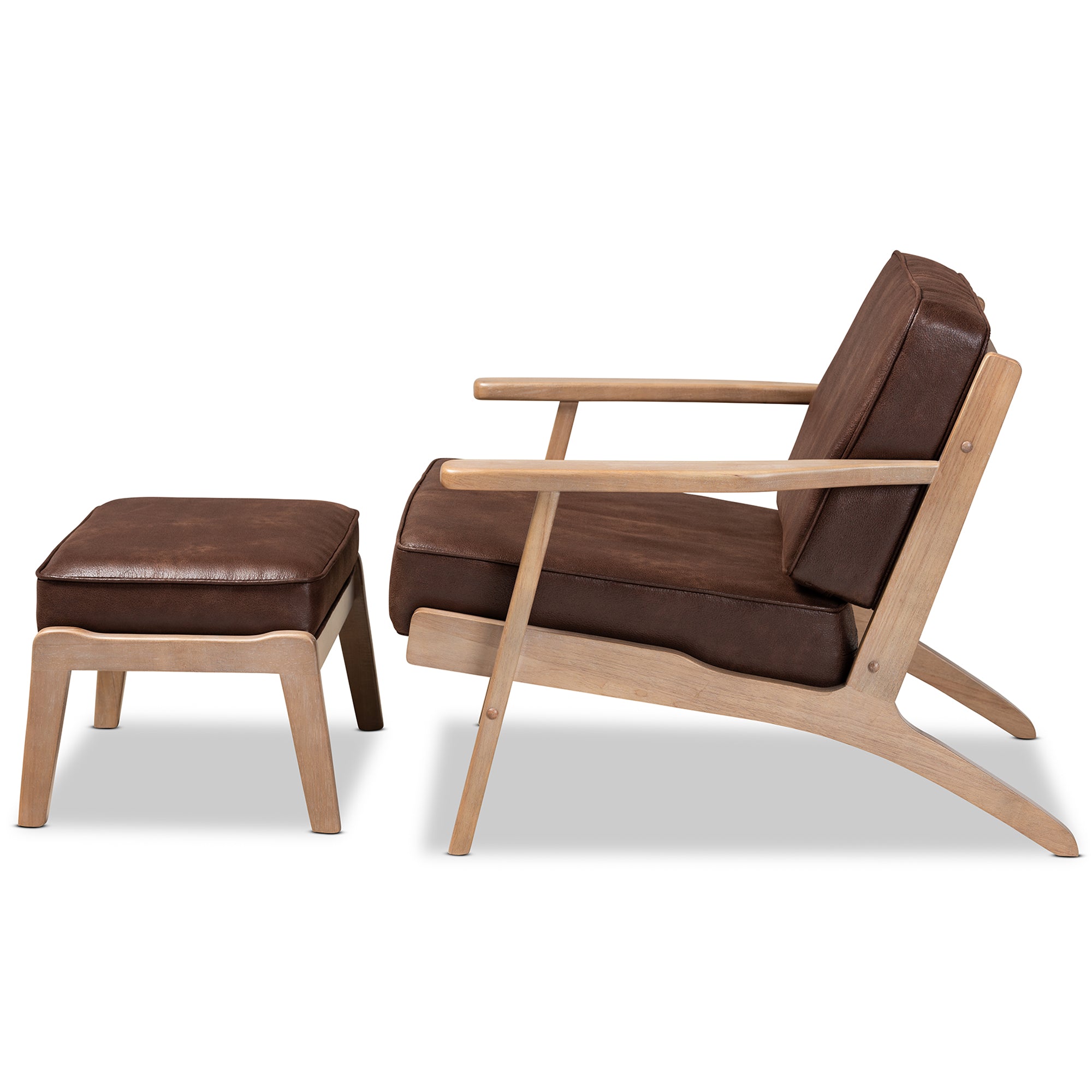 Sigrid Mid-Century Modern Dark Brown Faux Leather Effect Fabric Upholstered Antique Oak Finished 2-Piece Wood Armchair and Ottoman Set