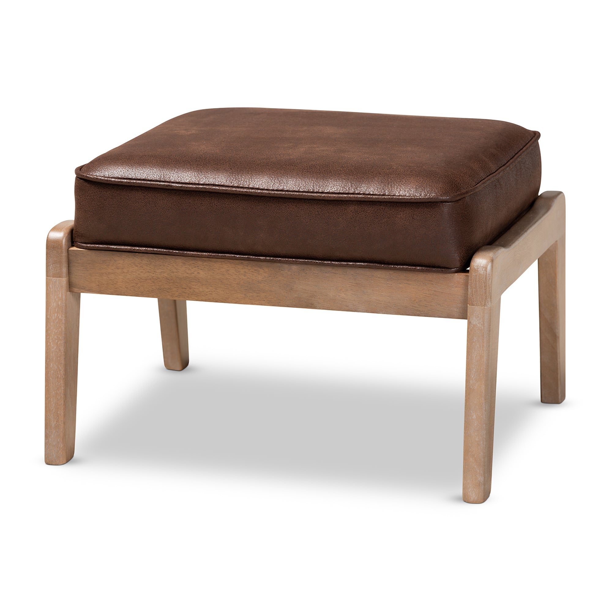 Sigrid Mid-Century Modern Dark Brown Faux Leather Effect Fabric Upholstered Antique Oak Finished 2-Piece Wood Armchair and Ottoman Set