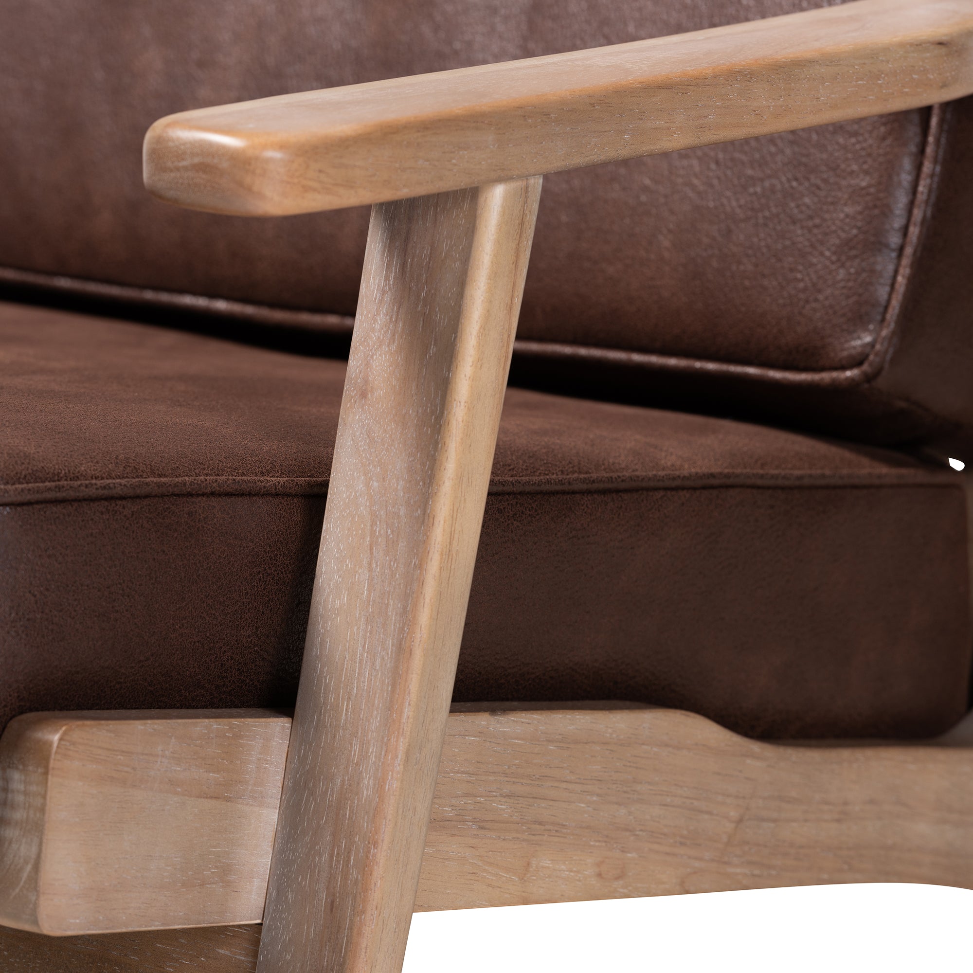 Sigrid Mid-Century Modern Dark Brown Faux Leather Effect Fabric Upholstered Antique Oak Finished 2-Piece Wood Armchair and Ottoman Set