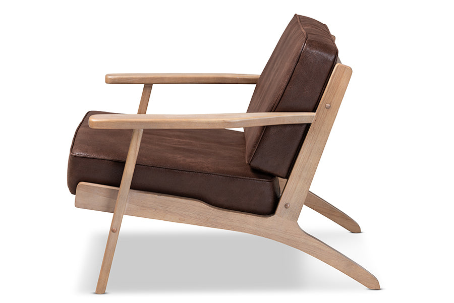 Sigrid Mid-Century Modern Dark Brown Faux Leather Effect Fabric Upholstered Antique Oak Finished Wood Armchair