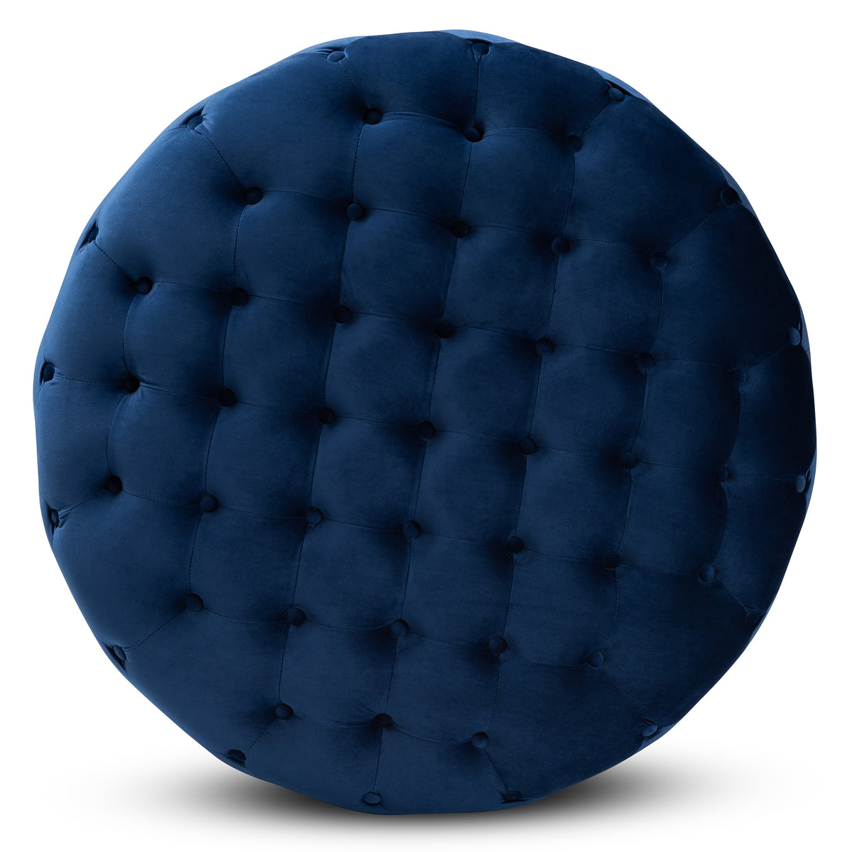 Sasha and Royal Blue Velvet Fabric Upholstered Gold Finished Round Cocktail Ottoman