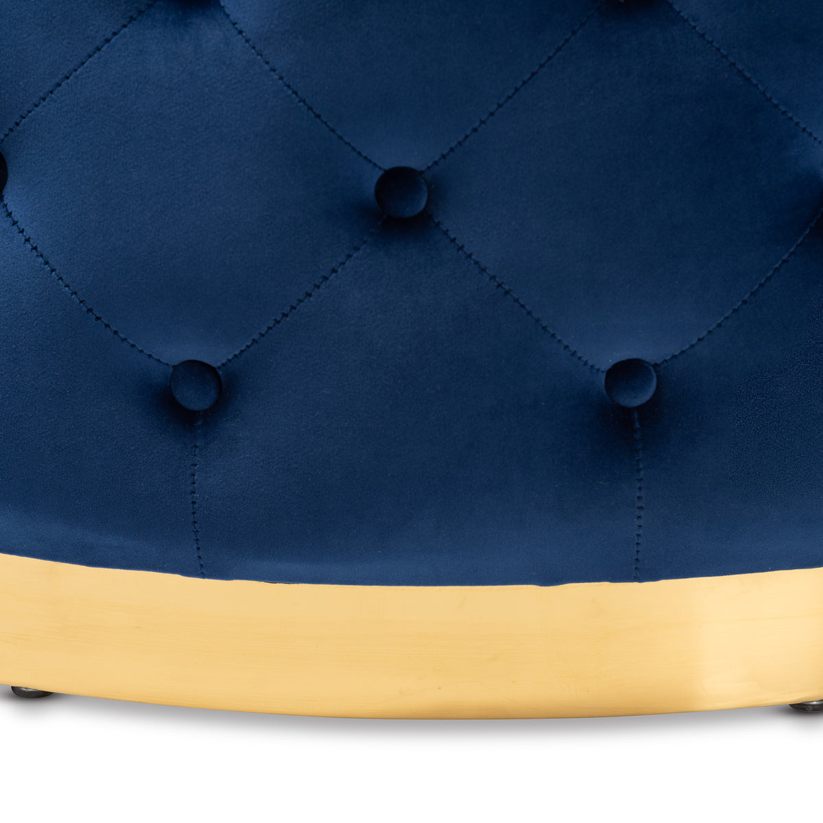 Sasha and Royal Blue Velvet Fabric Upholstered Gold Finished Round Cocktail Ottoman