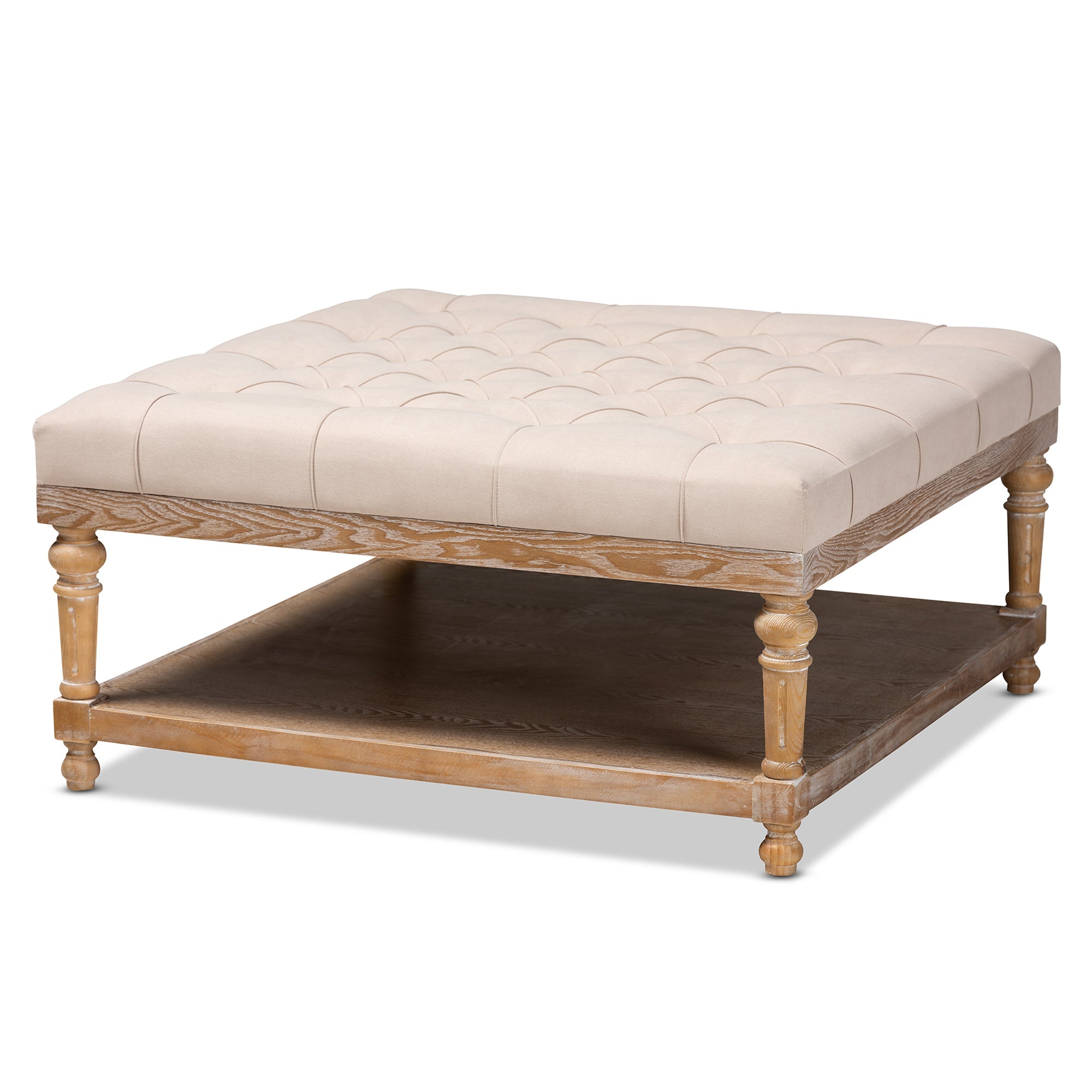Kelly Modern and Rustic Beige Linen Fabric Upholstered and Greywashed Wood Cocktail Ottoman