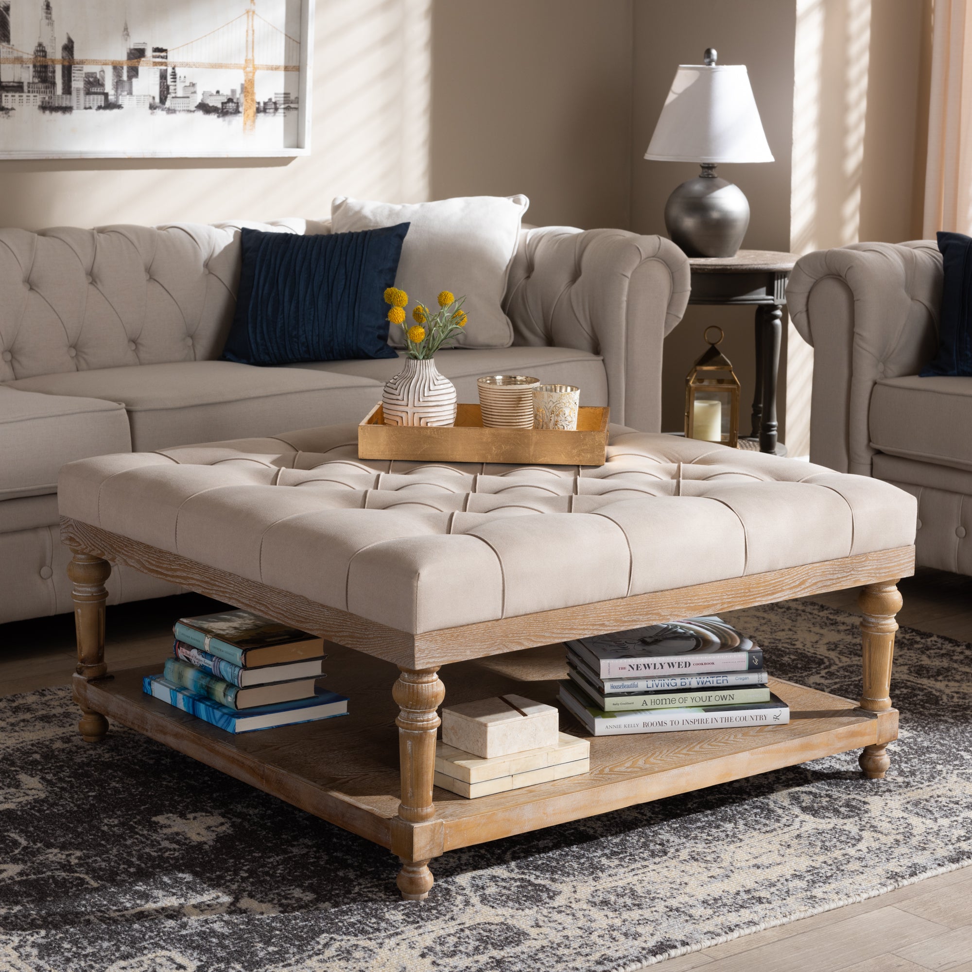 Kelly Modern and Rustic Beige Linen Fabric Upholstered and Greywashed Wood Cocktail Ottoman