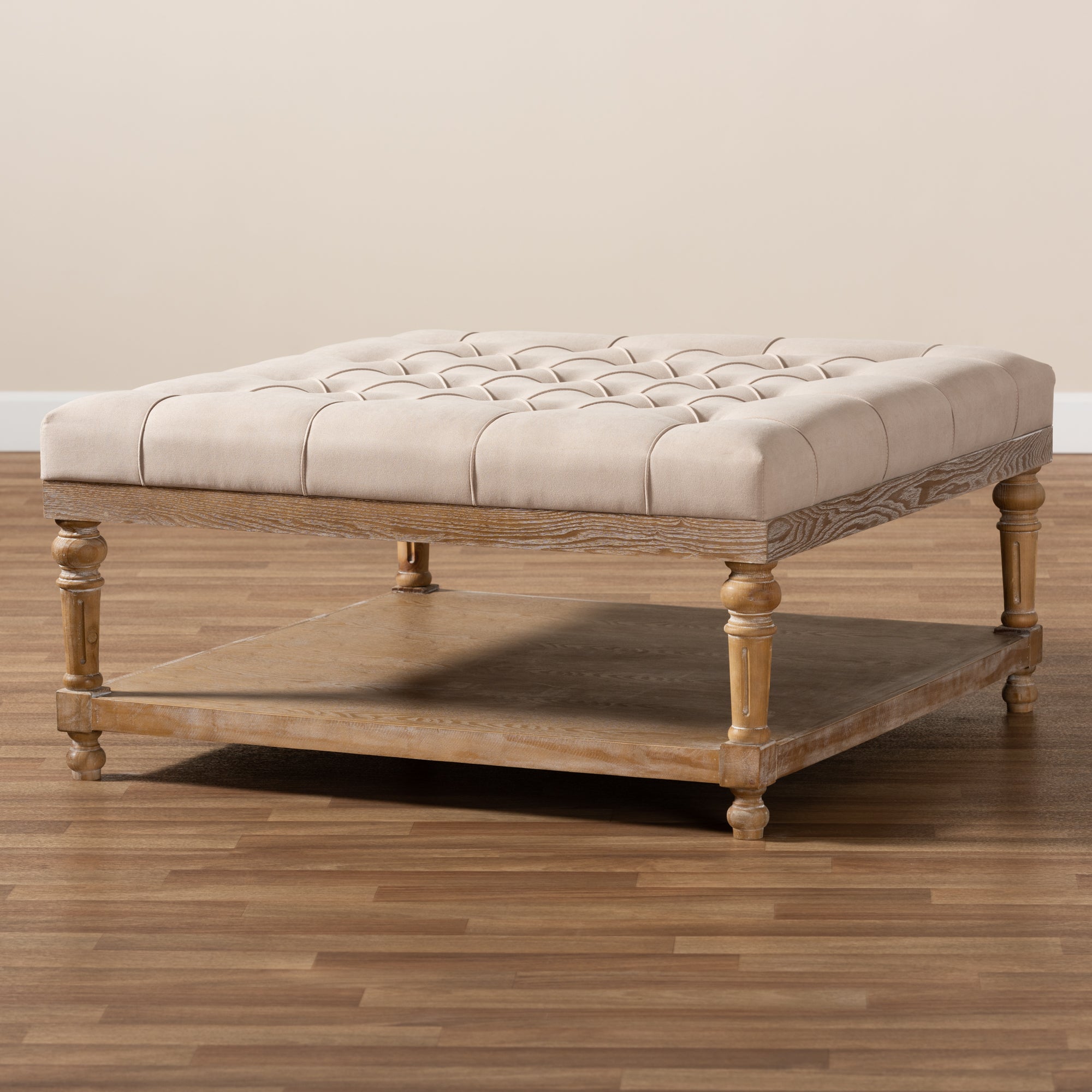 Kelly Modern and Rustic Beige Linen Fabric Upholstered and Greywashed Wood Cocktail Ottoman
