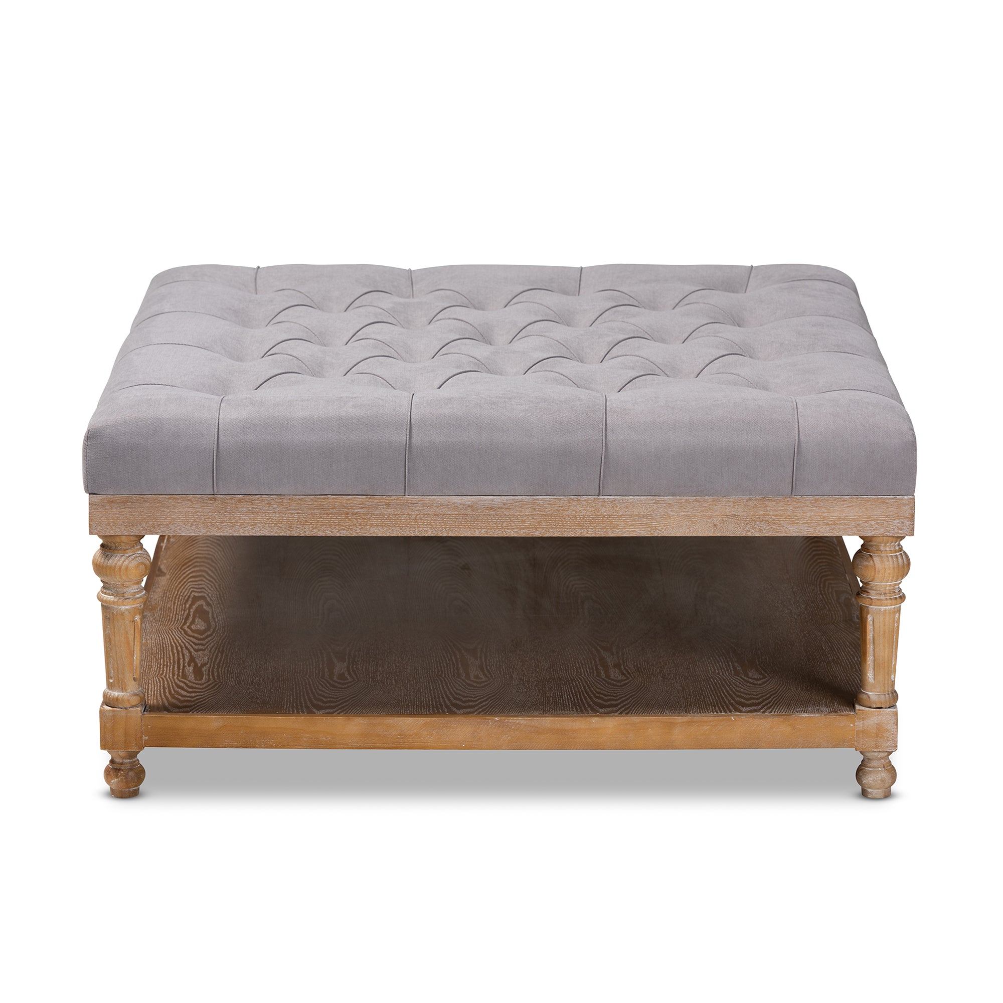 Kelly Modern and Rustic Grey Linen Fabric Upholstered and Greywashed Wood Cocktail Ottoman