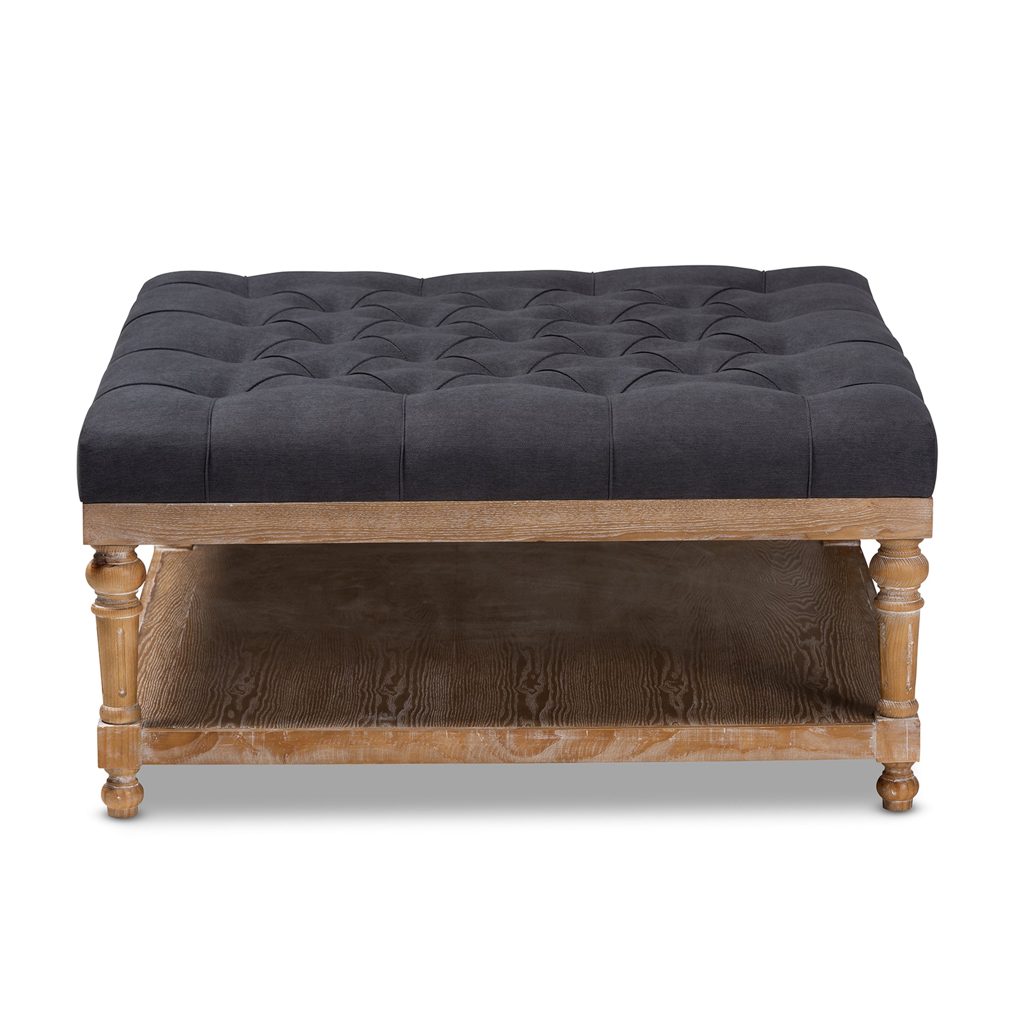 Kelly Modern and Rustic Charcoal Linen Fabric Upholstered and Greywashed Wood Cocktail Ottoman
